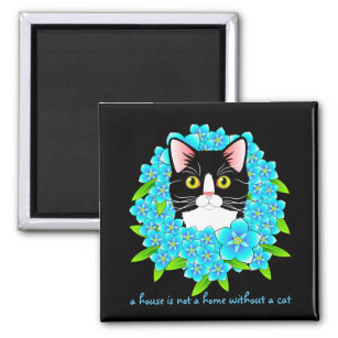 Forget Me Not Tuxedo Cat Cute and Colorful Floral Magnet