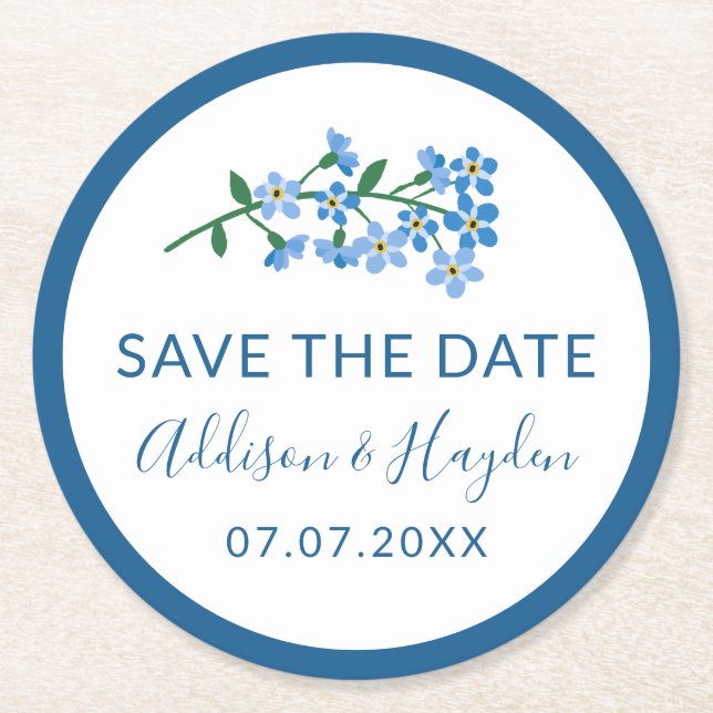 Forget Me Not Twig Save the Date Round Paper Coaster (Front)