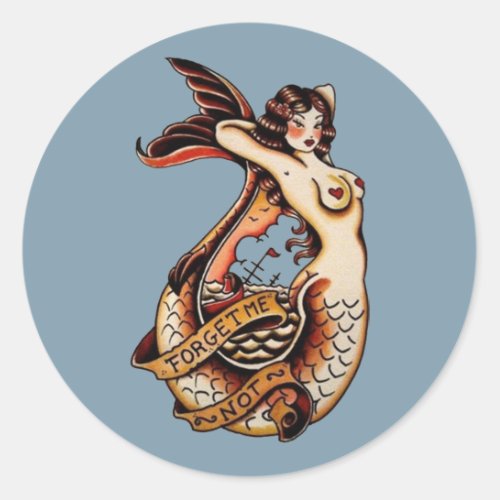 Forget me not _ Vintage mermaid tattoo art  Classic Round Sticker