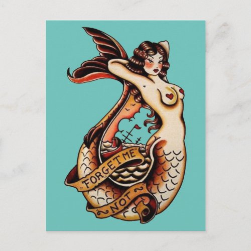 Forget me not _ Vintage mermaid tattoo art Postcard