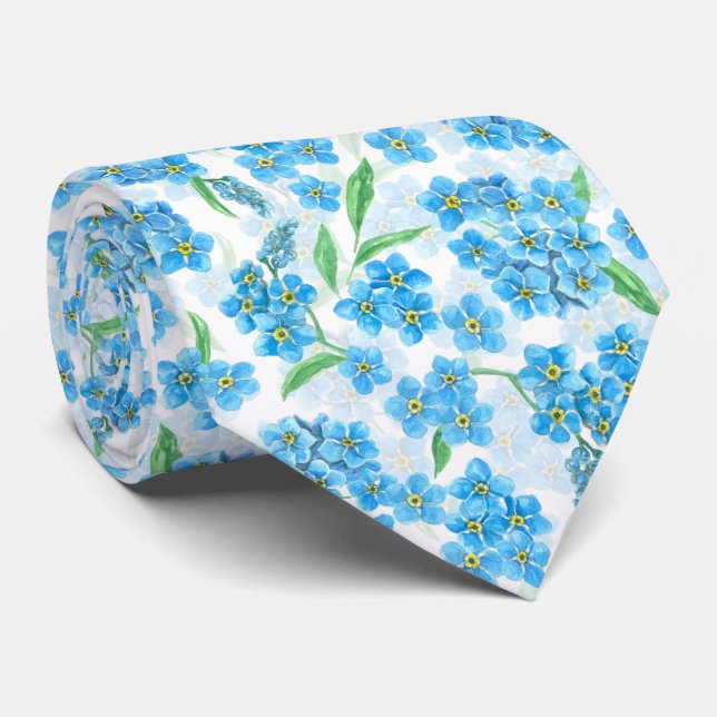 Forget me not watercolor flowers neck tie (Rolled)