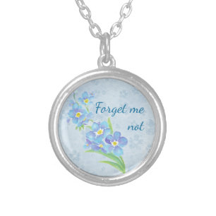 Forget me not  Watercolor Garden Flower Heart Stic Silver Plated Necklace