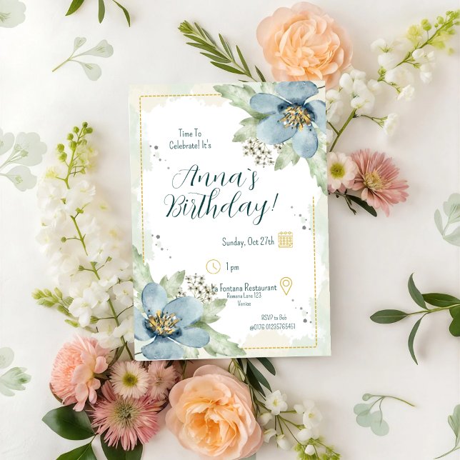 Forget-Me-Not Watercolour Florals Birthday Invitation (Creator Uploaded)