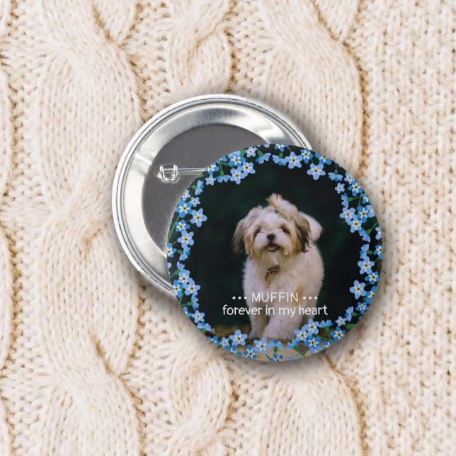 Forget Me Not Wreath Photo Name Pet Memorial Button (Creator Uploaded)