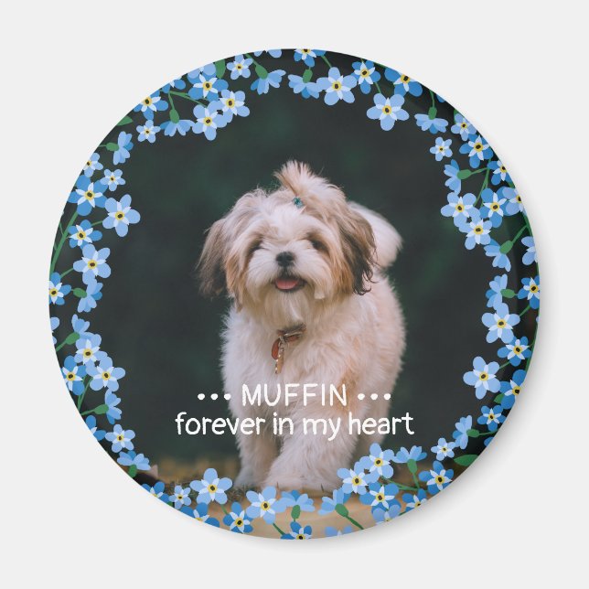 Forget Me Not Wreath Photo Name Pet Memorial Magnet (Front)