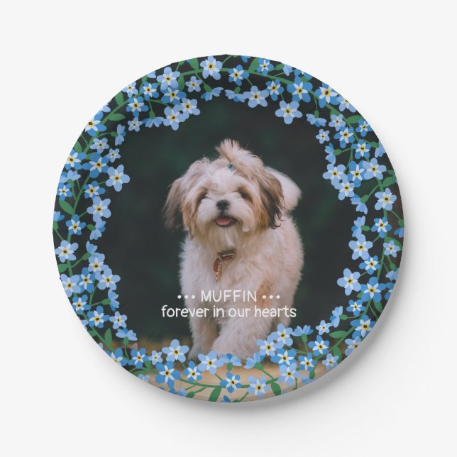 Forget Me Not Wreath Photo Name Pet Memorial Paper Plates (Front)