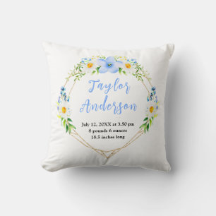 Forget-Me-Nots and Daisies Floral Baby Birth Stats Throw Pillow
