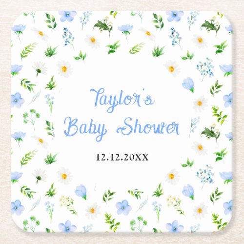 Forget_Me_Nots and Daisies Floral Baby Shower Square Paper Coaster