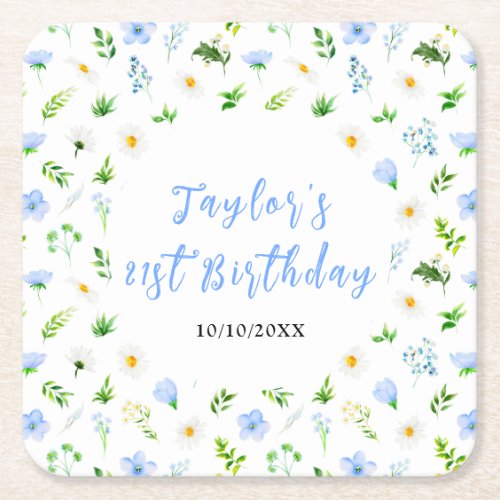 Forget_Me_Nots and Daisies Floral Birthday Square Paper Coaster