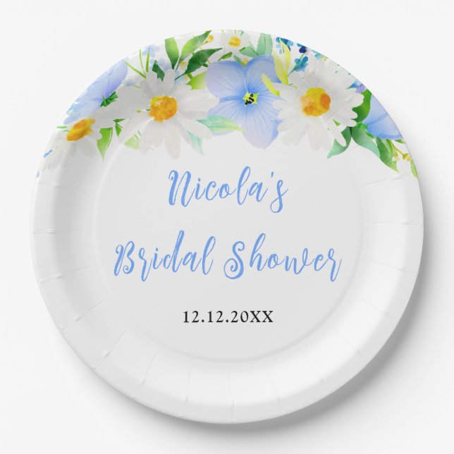 Forget-Me-Nots and Daisies Floral Bridal Shower Paper Plates (Front)
