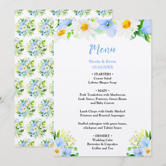 Forget-Me-Nots and Daisies Floral Wedding Menu (Front/Back)