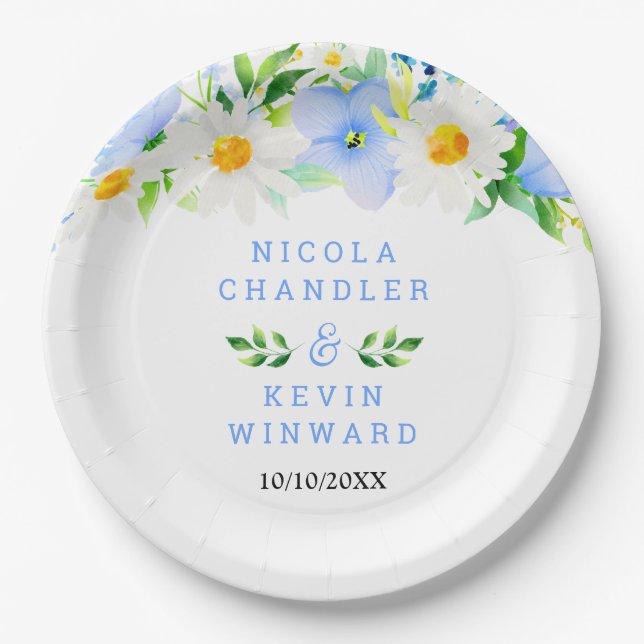 Forget-Me-Nots and Daisies Floral Wedding Paper Plates (Front)