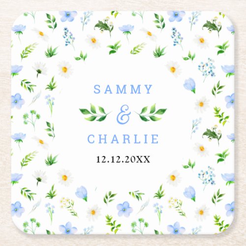 Forget_Me_Nots and Daisies Floral Wedding Square Paper Coaster
