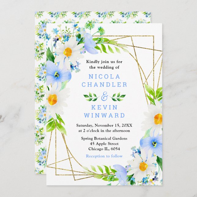 Forget Me Nots and Daisies Wedding Invitation (Front/Back)