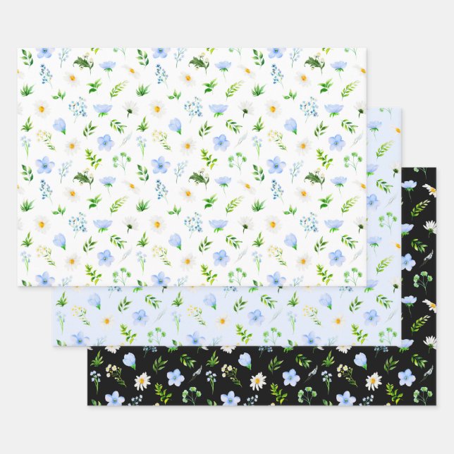 Forget Me Nots and Daisies with Foliage Pattern Wrapping Paper Sheets (Set)
