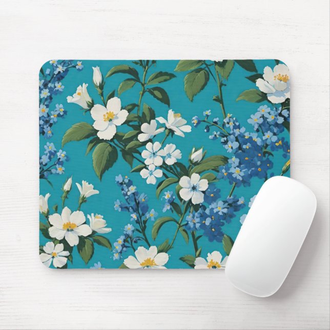 Forget-me-nots and Little White Flowers Teal Mouse Pad (With Mouse)
