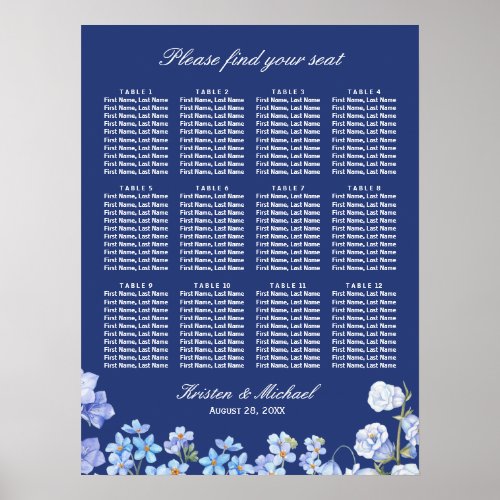 Forget Me Nots Blue Floral Wedding Seating Chart - Create your own Seating Plan Poster with this "Forget Me Nots Blue Floral 12 Tables Wedding Seating Chart" template to match your wedding colors and style. This high-quality design is easy to customize to be uniquely yours! 
(1) The default size is 18 x 24 inches, you can change it to other size.  
(2) If you need help or matching items, please contact me.