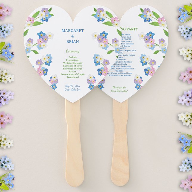Forget-Me-Nots Blue & Pink Wedding Program Hand Fan (Forget-Me-Not Blue & Pink Watercolor Wedding Program Hand Fan)