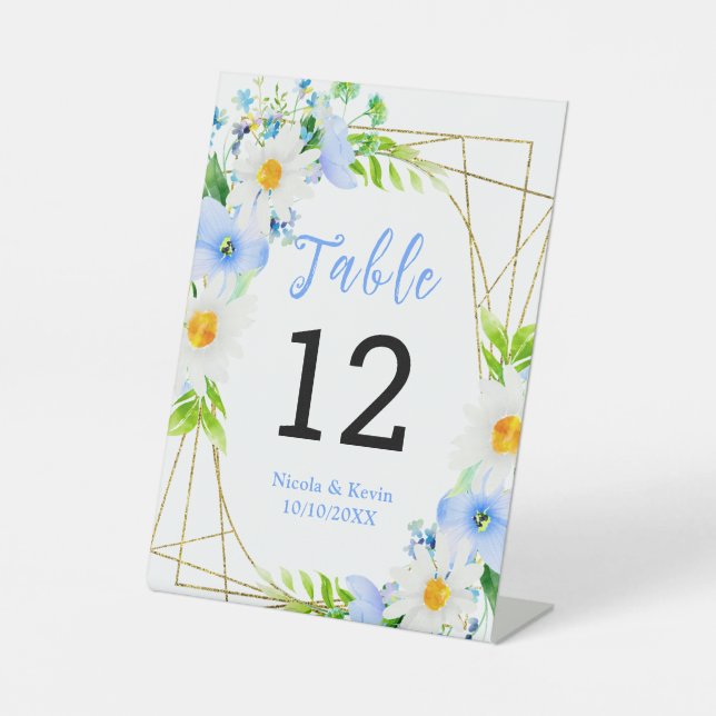 Forget-Me-Nots Daisies Floral Wedding Table Number Pedestal Sign (Front)