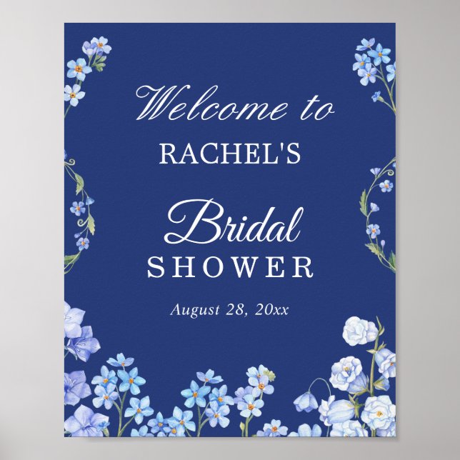 Forget Me Nots Floral Royal Blue Bridal Shower Poster (Front)
