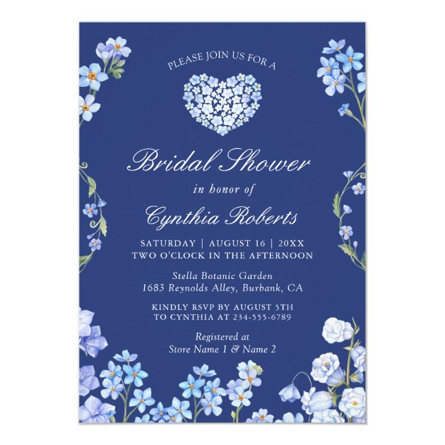 Forget Me Nots Heart Blue Floral Bridal Shower Invitation