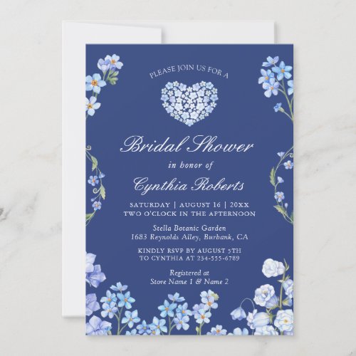 Forget Me Nots Heart Blue Floral Bridal Shower Invitation - Forget Me Nots Heart Blue Royal Floral Bridal Shower Invitation Card. 
(1) For further customization, please click the "customize further" link and use our design tool to modify this template. 
(2) If you prefer Thicker papers / Matte Finish, you may consider to choose the Matte Paper Type. 
(3) If you need help or matching items, please contact me.