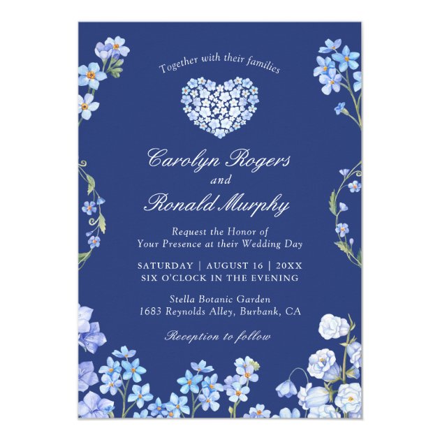 Forget Me Nots Heart Royal Blue Floral Wedding Invitation