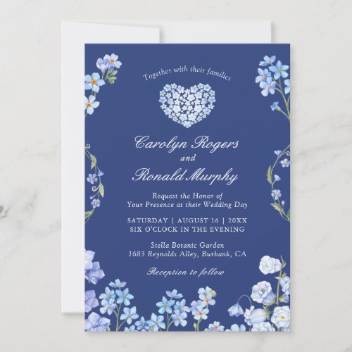 Forget Me Nots Heart Royal Blue Floral Wedding Invitation - Forget Me Nots Heart Navy / Royal Blue Floral Wedding Invitation Card. 
(1) For further customization, please click the "customize further" link and use our design tool to modify this template. 
(2) If you prefer Thicker papers / Matte Finish, you may consider to choose the Matte Paper Type. 
(3) If you need help or matching items, please contact me.