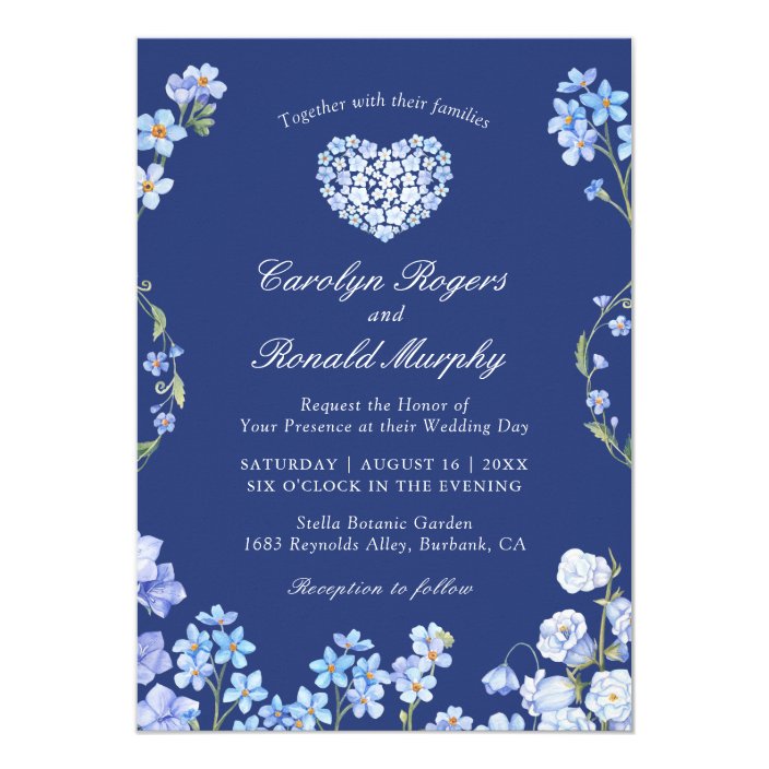 Forget Me Nots Heart Royal Blue Floral Wedding Invitation Zazzle Com