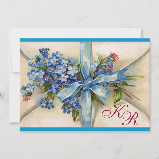 FORGET ME NOTS MONOGRAM ,BLUE WEDDING PARTY silver Invitation (Front)