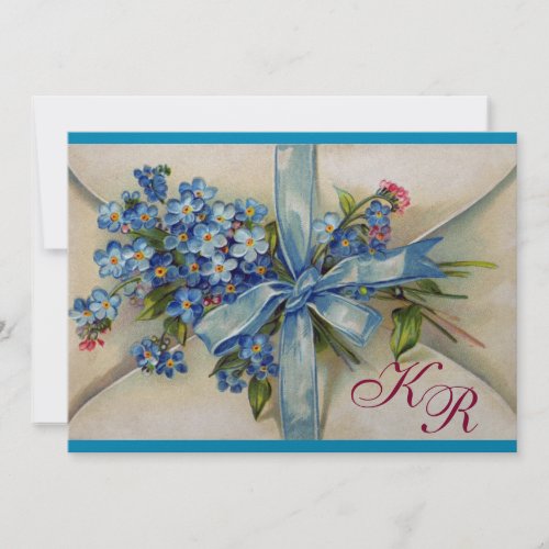 FORGET ME NOTS MONOGRAM BLUE WEDDING PARTY silver Invitation