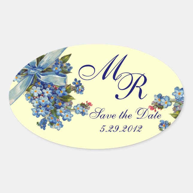 FORGET ME NOTS MONOGRAM ,WEDDING PARTY blue cream Oval Sticker (Front)