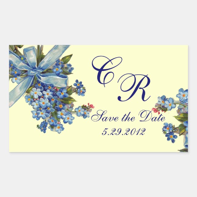 FORGET ME NOTS MONOGRAM ,WEDDING PARTY blue cream Rectangular Sticker (Front)