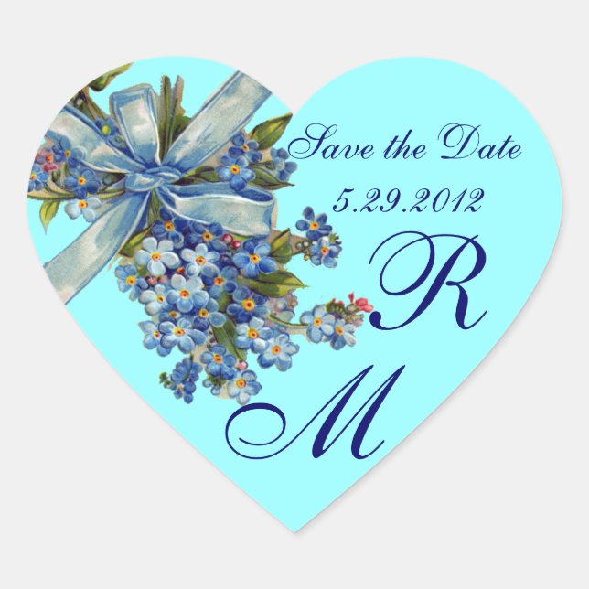 FORGET ME NOTS MONOGRAM ,WEDDING PARTY blue Heart Sticker (Front)