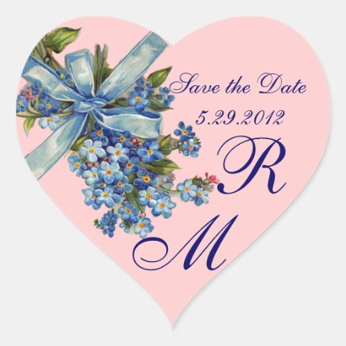 FORGET ME NOTS MONOGRAM WEDDING PARTY blue pink Heart Sticker