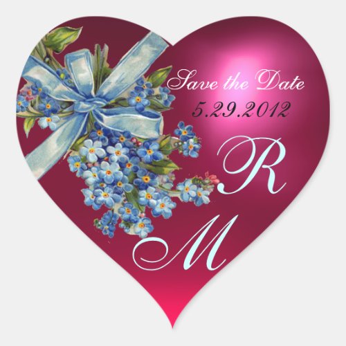 FORGET ME NOTS MONOGRAM WEDDING PARTY blue pink Heart Sticker