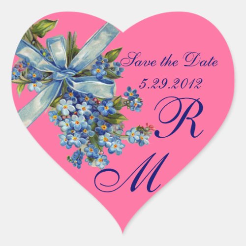 FORGET ME NOTS MONOGRAM WEDDING PARTY blue pink Heart Sticker