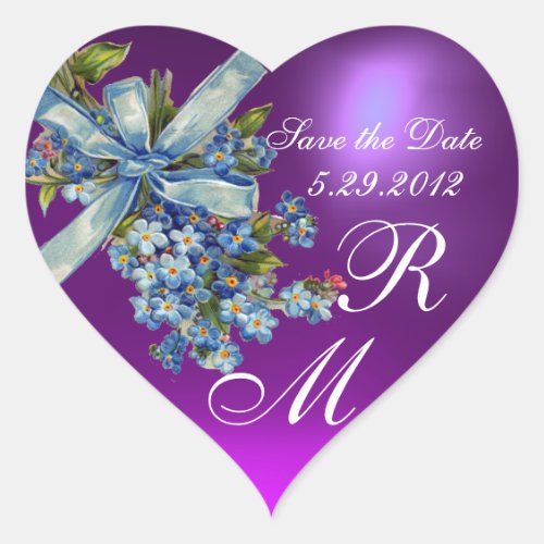 FORGET ME NOTS MONOGRAM WEDDING PARTY blue purple Heart Sticker