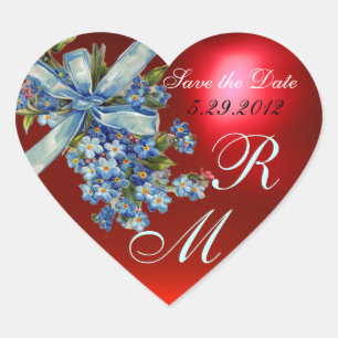 FORGET ME NOTS MONOGRAM ,WEDDING PARTY blue red Heart Sticker