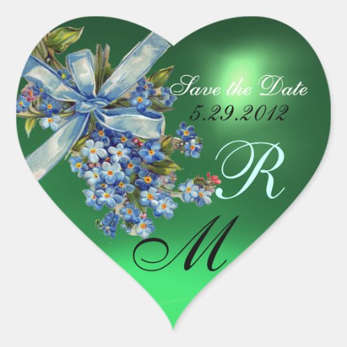 FORGET ME NOTS MONOGRAM WEDDING PARTY green blue Heart Sticker