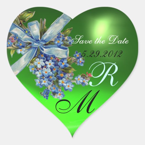 FORGET ME NOTS MONOGRAM WEDDING PARTY green blue Heart Sticker