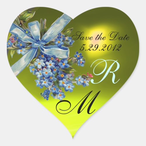 FORGET ME NOTS MONOGRAM WEDDING PARTY yellow blue Heart Sticker