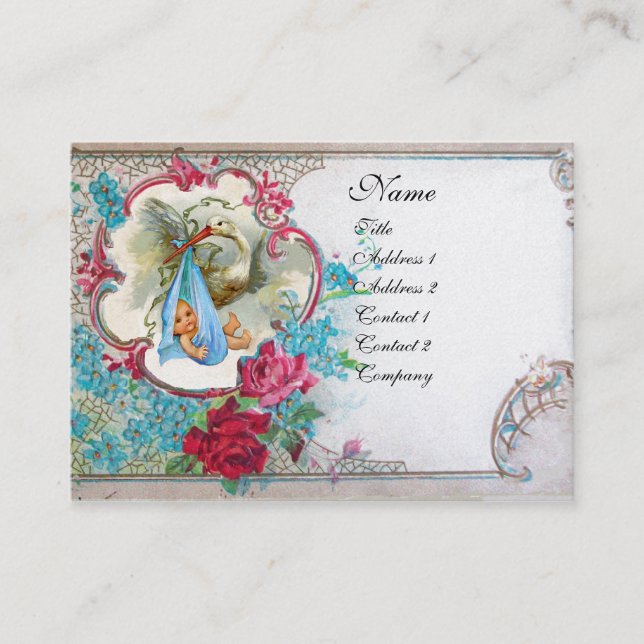 FORGET ME NOTS STORK BABY SHOWER 2 MONOGRAM white Business Card (Front)