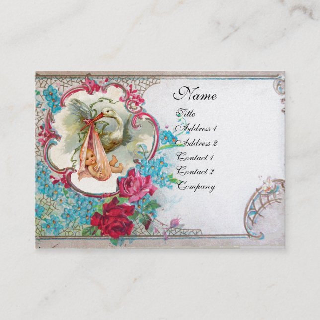 FORGET ME NOTS STORK BABY SHOWER 2 MONOGRAM white Business Card (Front)