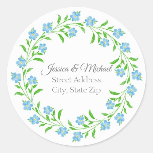 Forget Me Nots Watercolor Floral Wreath  Classic Round Sticker