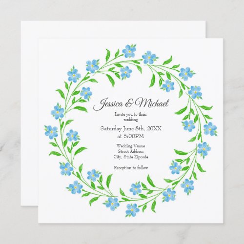 Forget Me Nots Watercolor Floral Wreath  Invitation