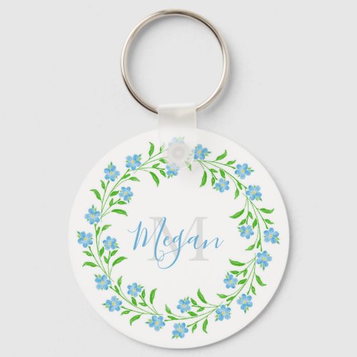 Forget Me Nots Watercolor Floral Wreath  Keychain