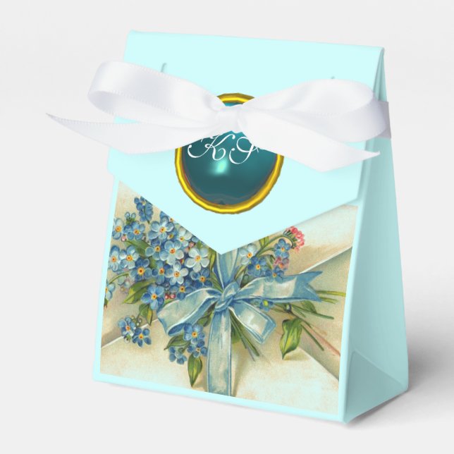 FORGET ME NOTS WEDDING TEAL BLUE GEM MONOGRAM FAVOR BOXES (Front Side)