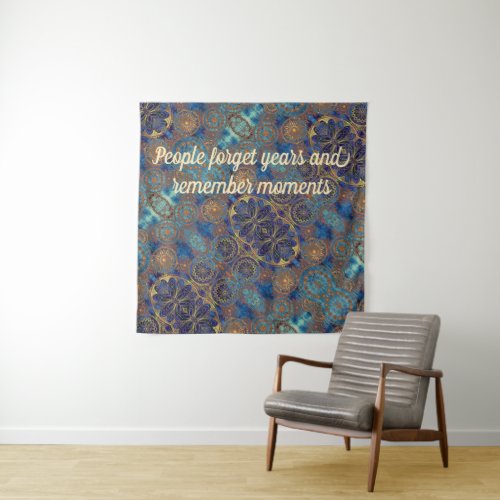 Forget Years Remember Moments Blue Gold Stars Tapestry