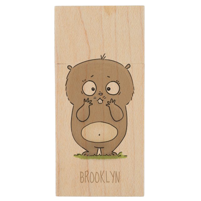 Forgetful adorable chubby hamster cartoon wood flash drive (Front Vertical)